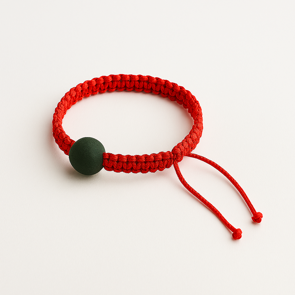 QiFlow™ Herbal Bead Bracelet – Red Cord with Green Center Bead