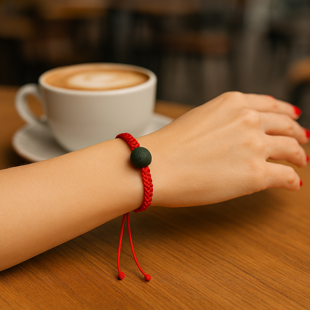 QiFlow™ Herbal Bead Bracelet – Red Cord with Green Center Bead