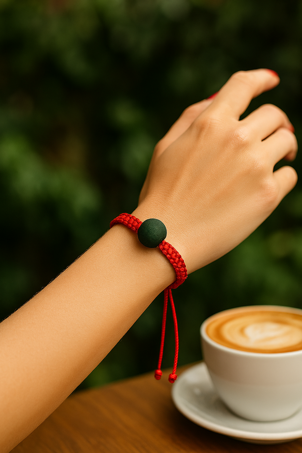 QiFlow™ Herbal Bead Bracelet – Red Cord with Green Center Bead