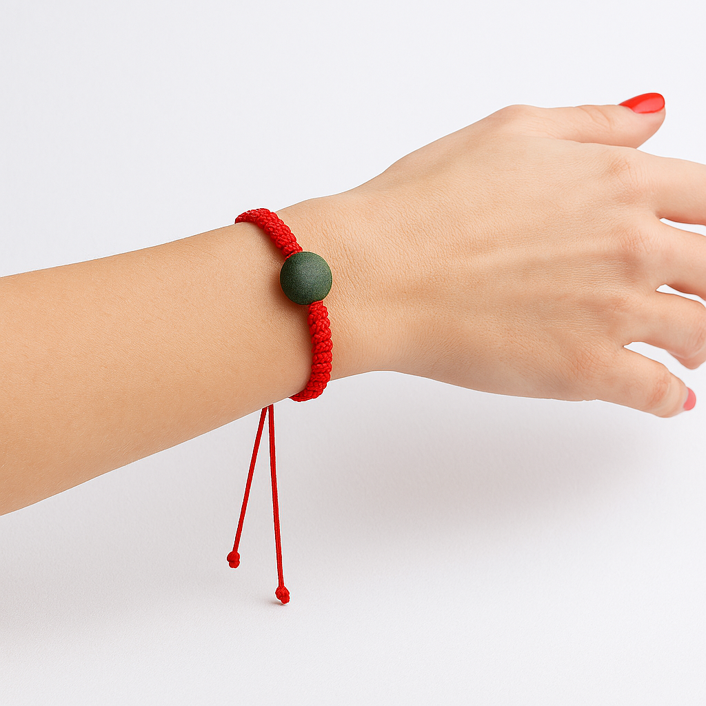 QiFlow™ Herbal Bead Bracelet – Red Cord with Green Center Bead